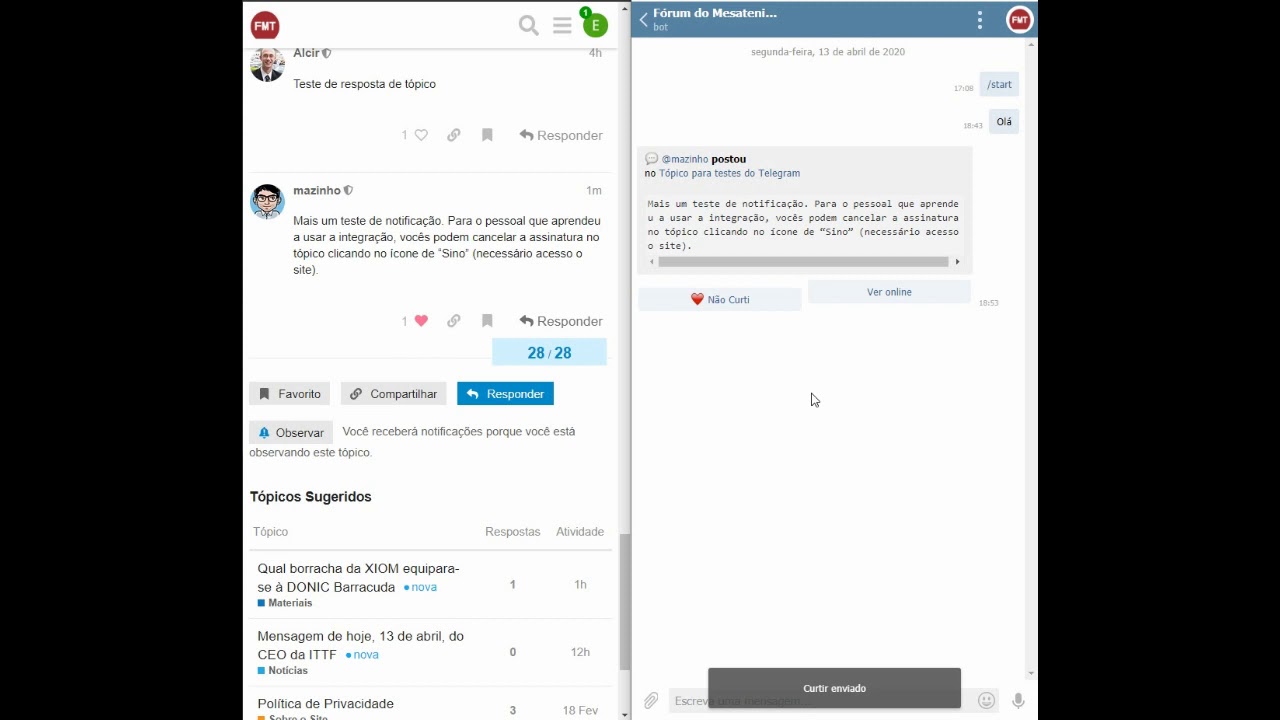 Fórum do Mesatenista: Recebendo notificação, curtindo e respondendo mensagem pelo Telegram